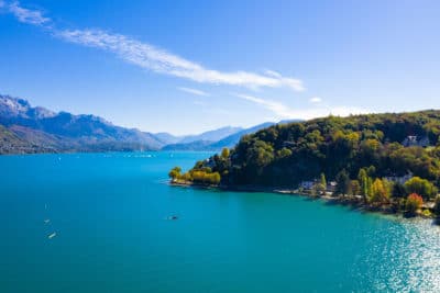 Aerial view of Annecy lake waterfront in France